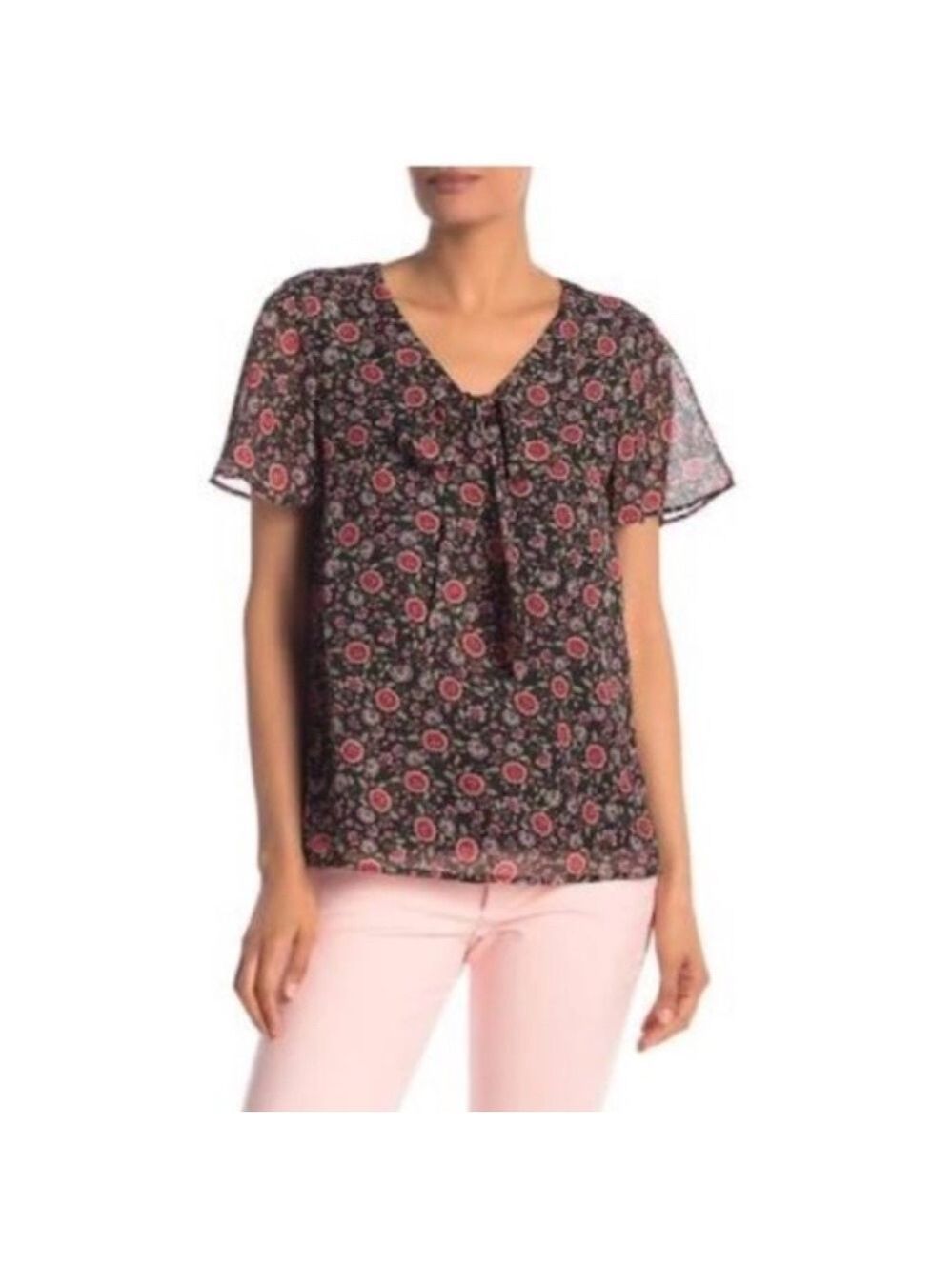 Pleione Tie Front Floral Flutter Sleeve Blouse